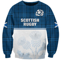 (Custom Text And Number) Scotland Rugby Sweatshirt Thistle Mix Tartan Scottish Map Sporty Version Blue - Wonder Print Shop