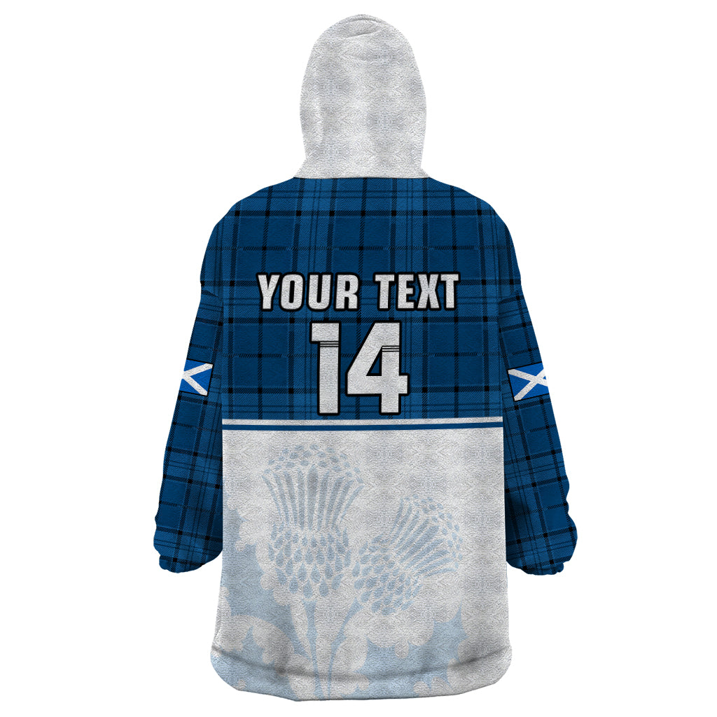 (Custom Text And Number) Scotland Rugby Wearable Blanket Hoodie Thistle Mix Tartan Scottish Map Sporty Version Blue - Wonder Print Shop