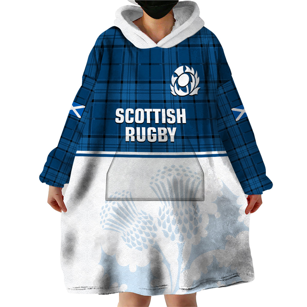 (Custom Text And Number) Scotland Rugby Wearable Blanket Hoodie Thistle Mix Tartan Scottish Map Sporty Version Blue - Wonder Print Shop