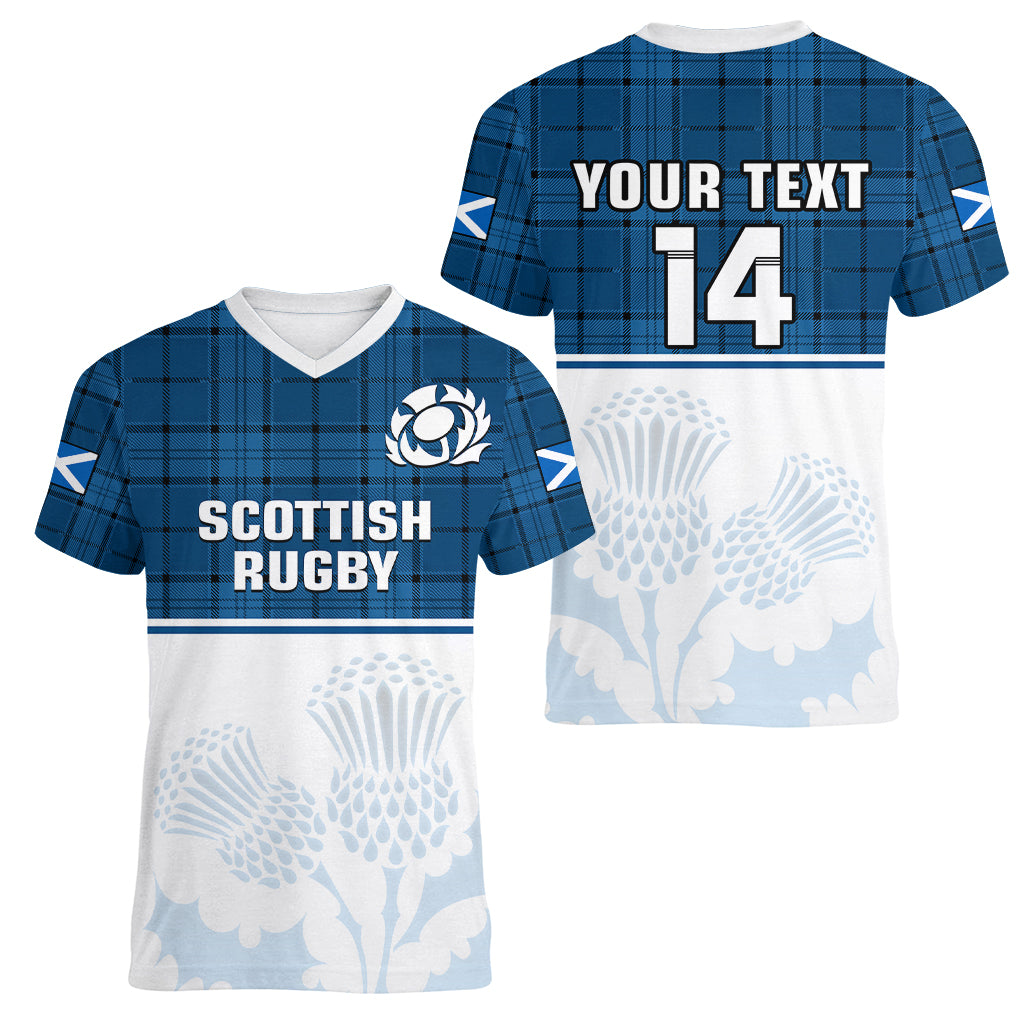 (Custom Text And Number) Scotland Rugby Women V Neck T Shirt Thistle Mix Tartan Scottish Map Sporty Version Blue - Wonder Print Shop