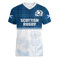 (Custom Text And Number) Scotland Rugby Women V Neck T Shirt Thistle Mix Tartan Scottish Map Sporty Version Blue - Wonder Print Shop