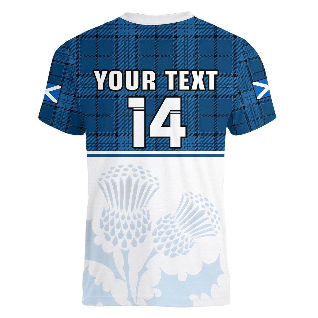 (Custom Text And Number) Scotland Rugby Women V Neck T Shirt Thistle Mix Tartan Scottish Map Sporty Version Blue - Wonder Print Shop