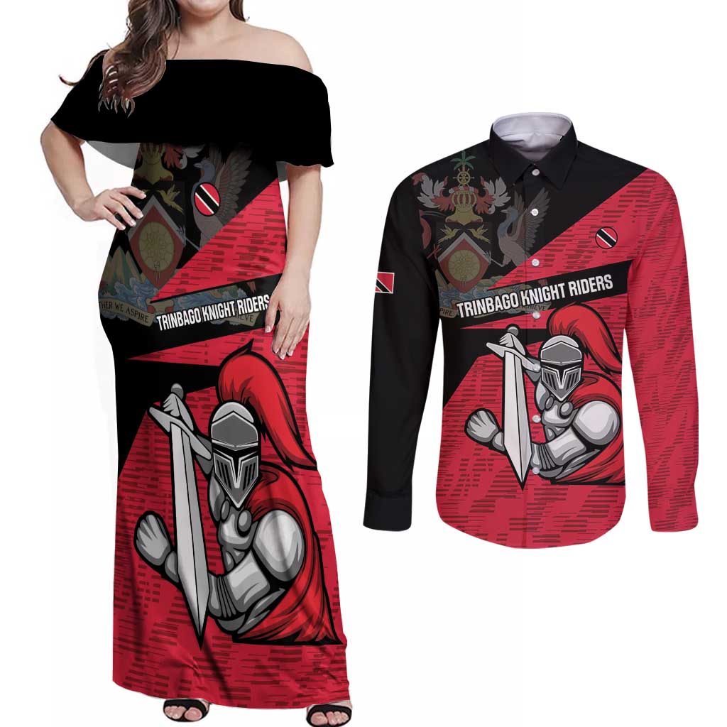 Custom Trinidad and Tobago Cricket Knight Riders Couples Matching Off Shoulder Maxi Dress and Long Sleeve Button Shirt Go Trinbago