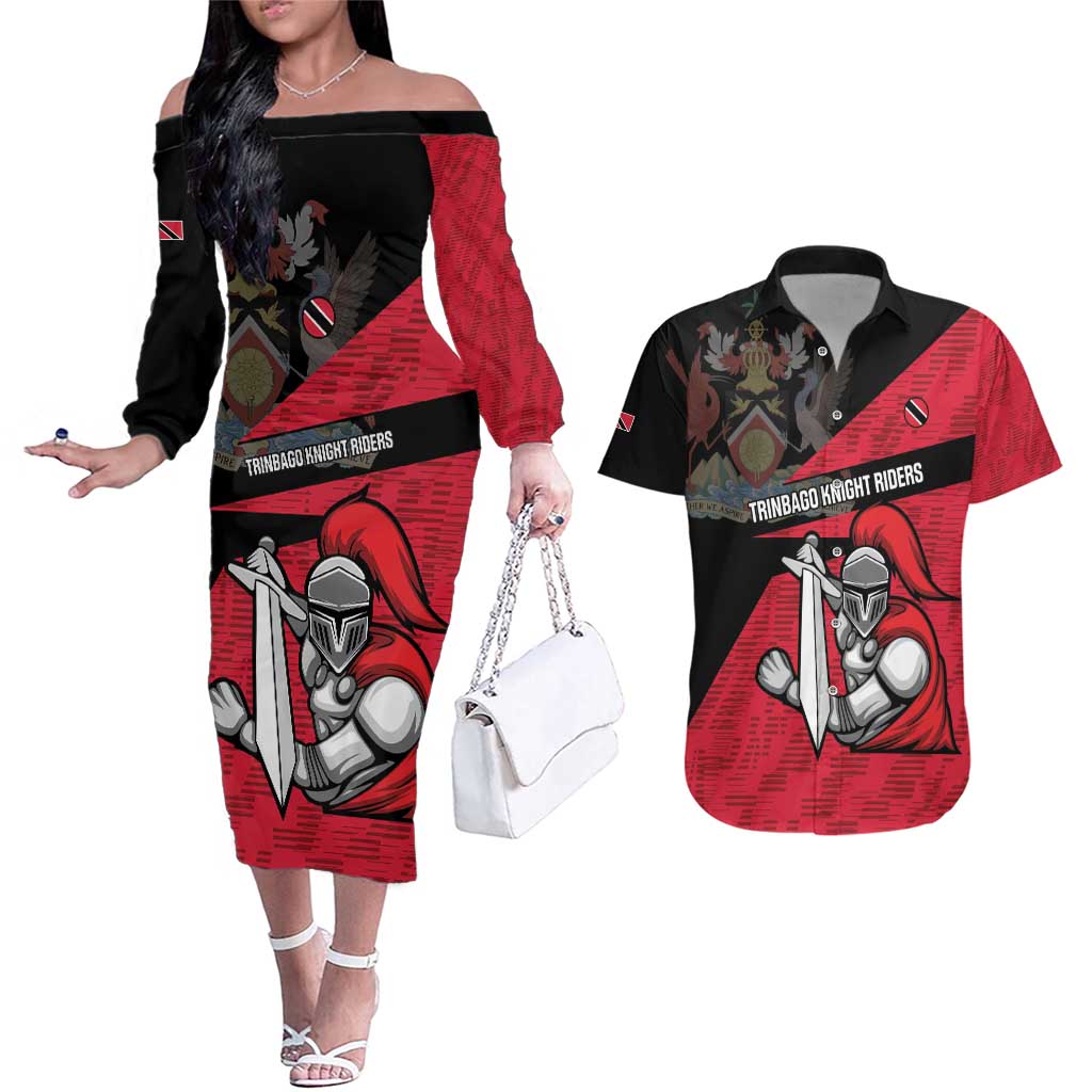 Custom Trinidad and Tobago Cricket Knight Riders Couples Matching Off The Shoulder Long Sleeve Dress and Hawaiian Shirt Go Trinbago