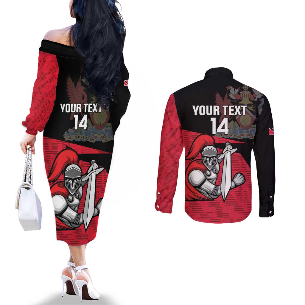 Custom Trinidad and Tobago Cricket Knight Riders Couples Matching Off The Shoulder Long Sleeve Dress and Long Sleeve Button Shirt Go Trinbago