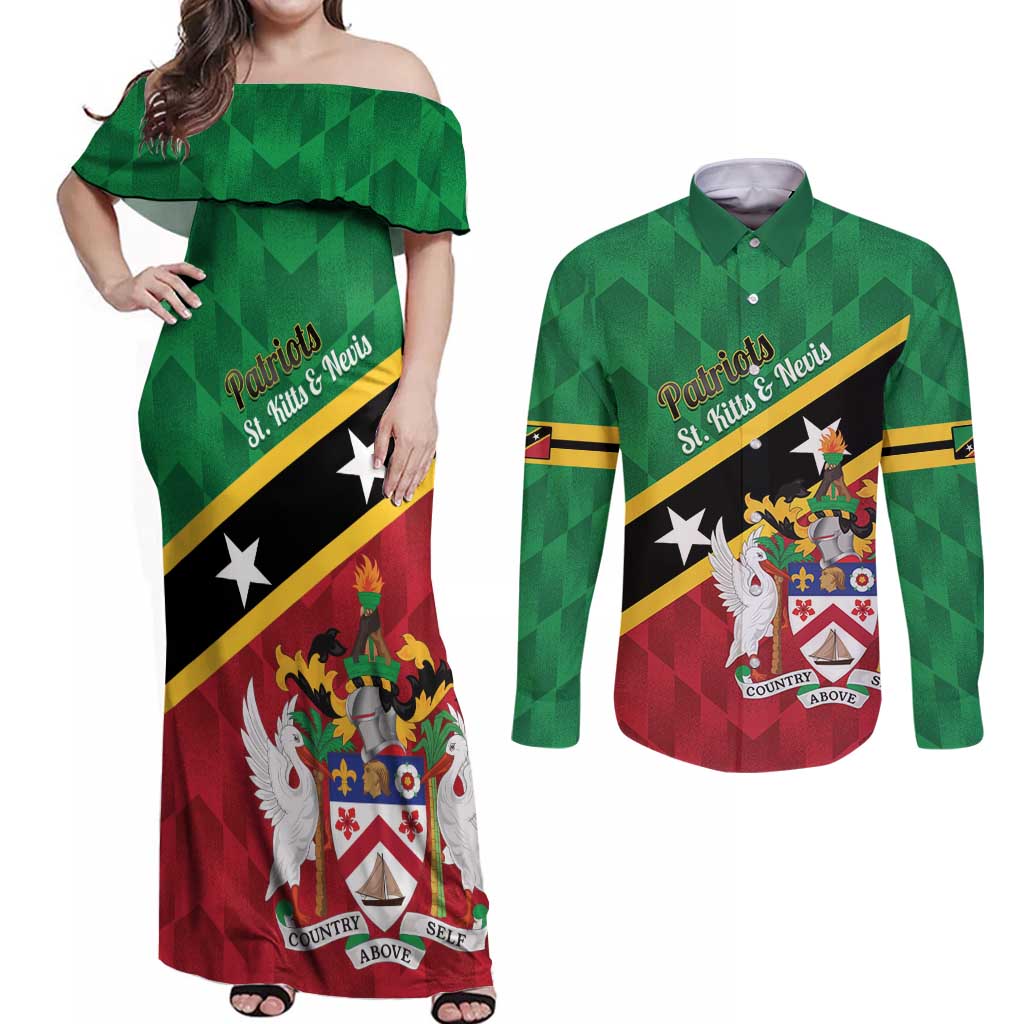 Custom Saint Kitts and Nevis Cricket Couples Matching Off Shoulder Maxi Dress and Long Sleeve Button Shirt Go Champions Patriots