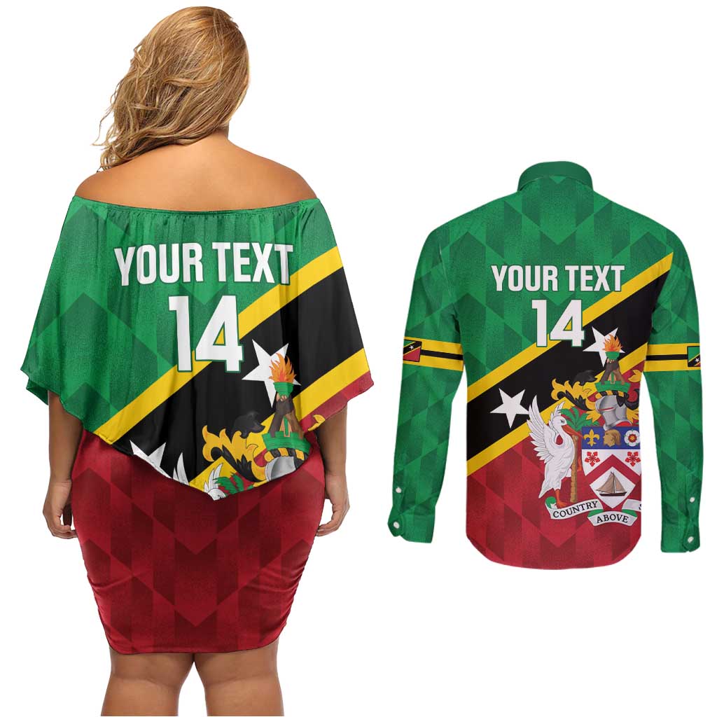 Custom Saint Kitts and Nevis Cricket Couples Matching Off Shoulder Short Dress and Long Sleeve Button Shirt Go Champions Patriots