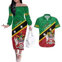 Custom Saint Kitts and Nevis Cricket Couples Matching Off The Shoulder Long Sleeve Dress and Hawaiian Shirt Go Champions Patriots