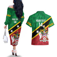 Custom Saint Kitts and Nevis Cricket Couples Matching Off The Shoulder Long Sleeve Dress and Hawaiian Shirt Go Champions Patriots