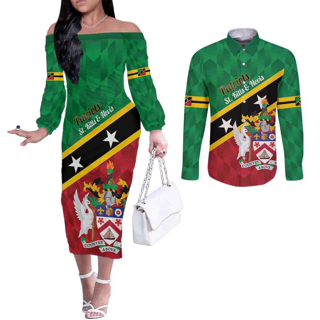 Custom Saint Kitts and Nevis Cricket Couples Matching Off The Shoulder Long Sleeve Dress and Long Sleeve Button Shirt Go Champions Patriots