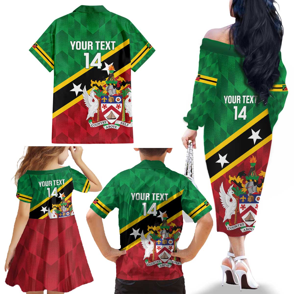 Custom Saint Kitts and Nevis Cricket Family Matching Off The Shoulder Long Sleeve Dress and Hawaiian Shirt Go Champions Patriots