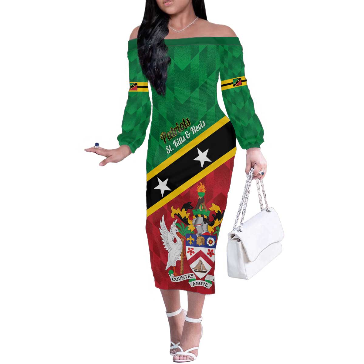 Custom Saint Kitts and Nevis Cricket Family Matching Off The Shoulder Long Sleeve Dress and Hawaiian Shirt Go Champions Patriots