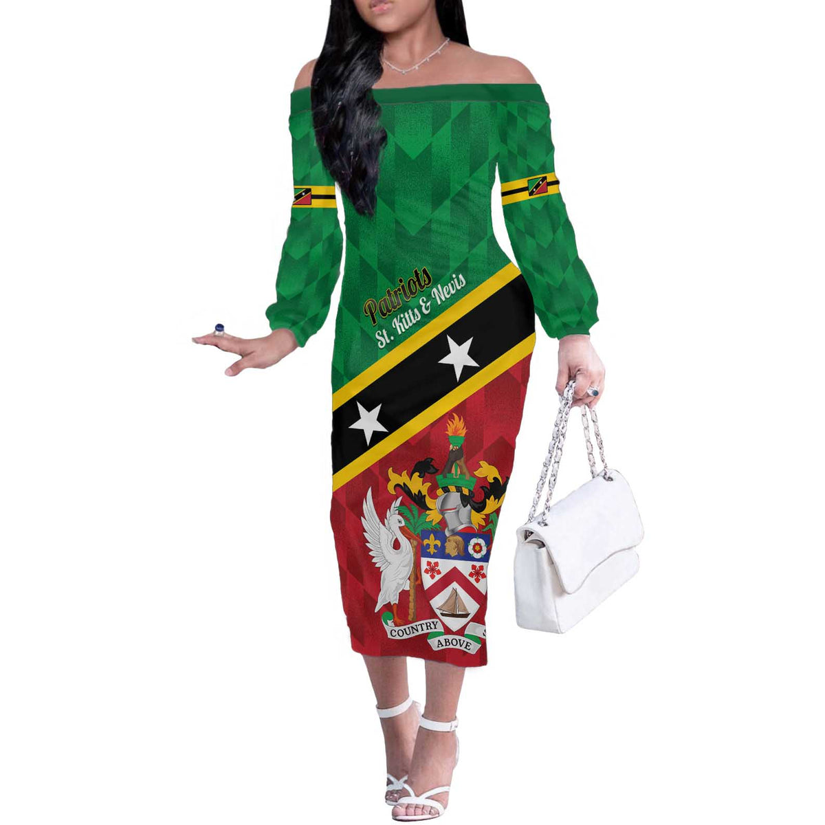 Custom Saint Kitts and Nevis Cricket Off The Shoulder Long Sleeve Dress Go Champions Patriots