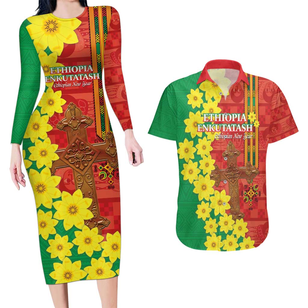 Enkutatash Ethiopia Couples Matching Long Sleeve Bodycon Dress and Hawaiian Shirt Melkam Addis Amet Adey Abeba Flower - Wonder Print Shop
