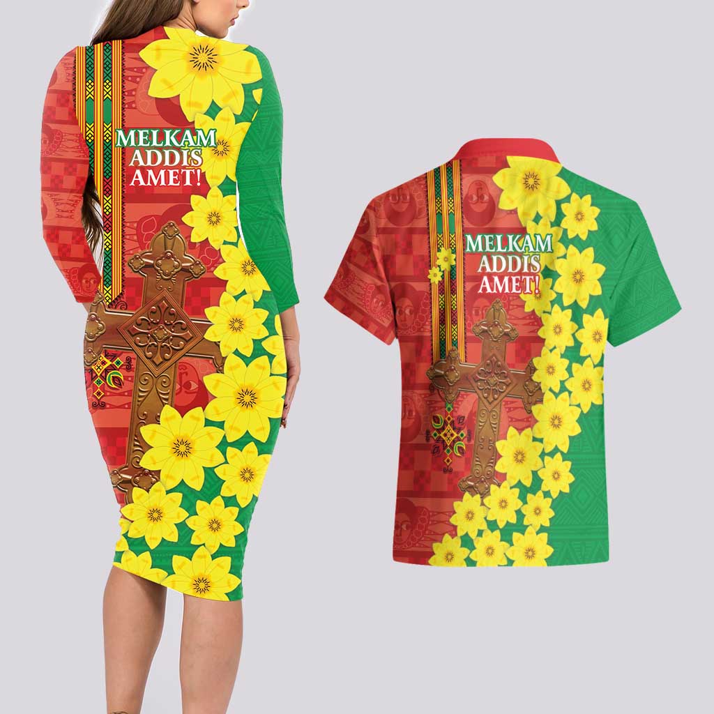 Enkutatash Ethiopia Couples Matching Long Sleeve Bodycon Dress and Hawaiian Shirt Melkam Addis Amet Adey Abeba Flower - Wonder Print Shop