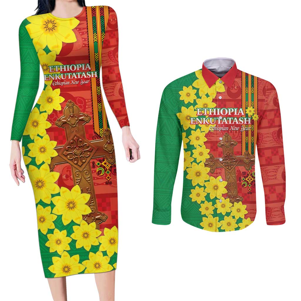 Enkutatash Ethiopia Couples Matching Long Sleeve Bodycon Dress and Long Sleeve Button Shirt Melkam Addis Amet Adey Abeba Flower - Wonder Print Shop