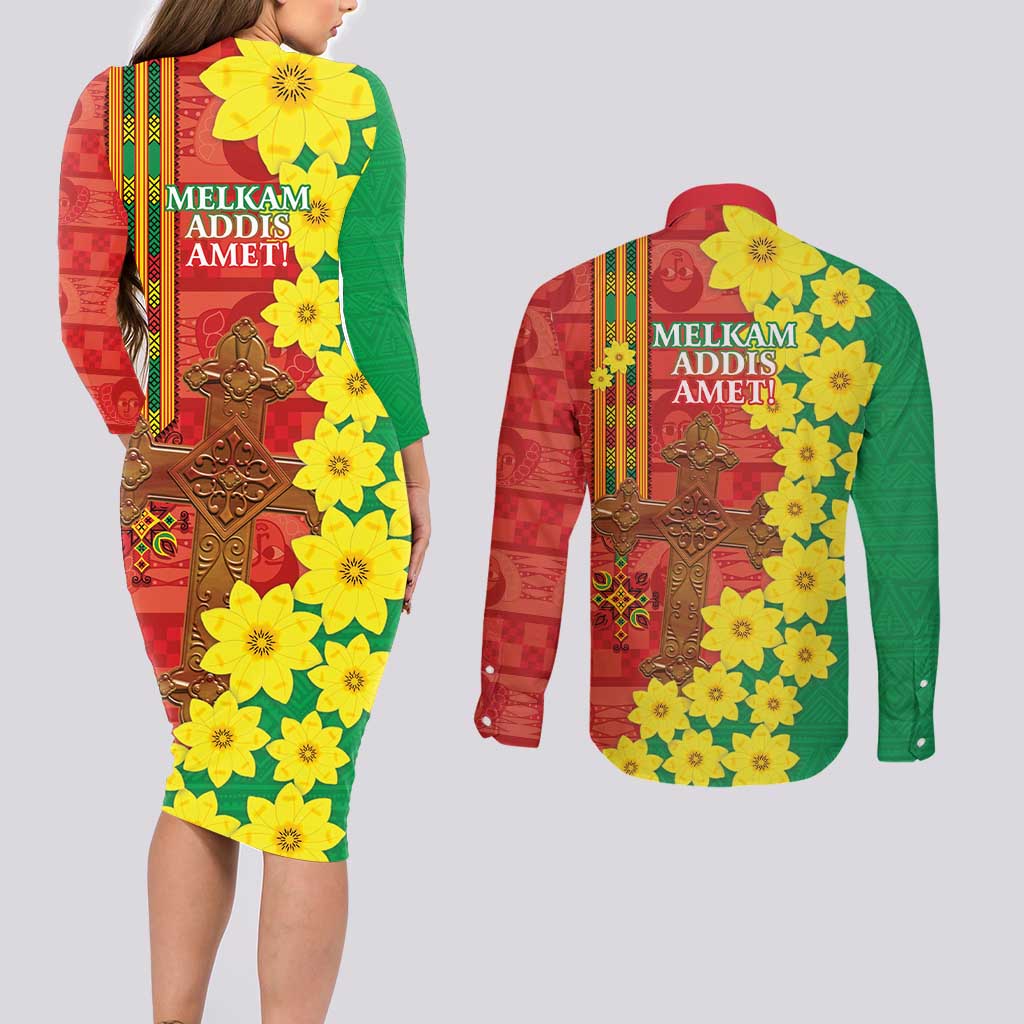 Enkutatash Ethiopia Couples Matching Long Sleeve Bodycon Dress and Long Sleeve Button Shirt Melkam Addis Amet Adey Abeba Flower - Wonder Print Shop