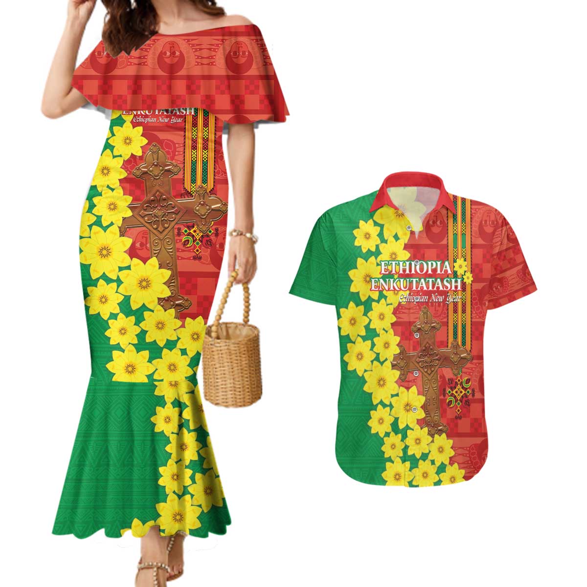 Enkutatash Ethiopia Couples Matching Mermaid Dress and Hawaiian Shirt Melkam Addis Amet Adey Abeba Flower - Wonder Print Shop