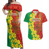 Enkutatash Ethiopia Couples Matching Off Shoulder Maxi Dress and Hawaiian Shirt Melkam Addis Amet Adey Abeba Flower - Wonder Print Shop