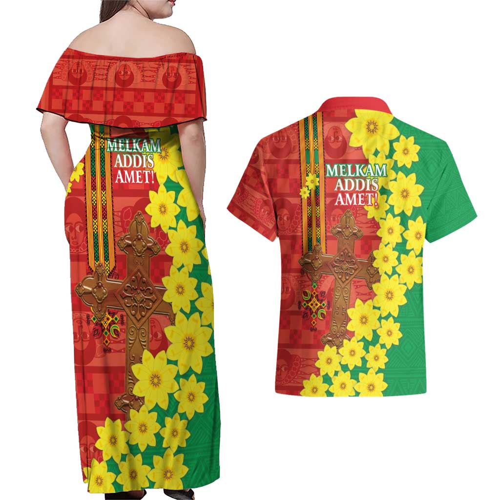 Enkutatash Ethiopia Couples Matching Off Shoulder Maxi Dress and Hawaiian Shirt Melkam Addis Amet Adey Abeba Flower - Wonder Print Shop