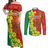 Enkutatash Ethiopia Couples Matching Off Shoulder Maxi Dress and Long Sleeve Button Shirt Melkam Addis Amet Adey Abeba Flower - Wonder Print Shop