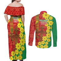 Enkutatash Ethiopia Couples Matching Off Shoulder Maxi Dress and Long Sleeve Button Shirt Melkam Addis Amet Adey Abeba Flower - Wonder Print Shop