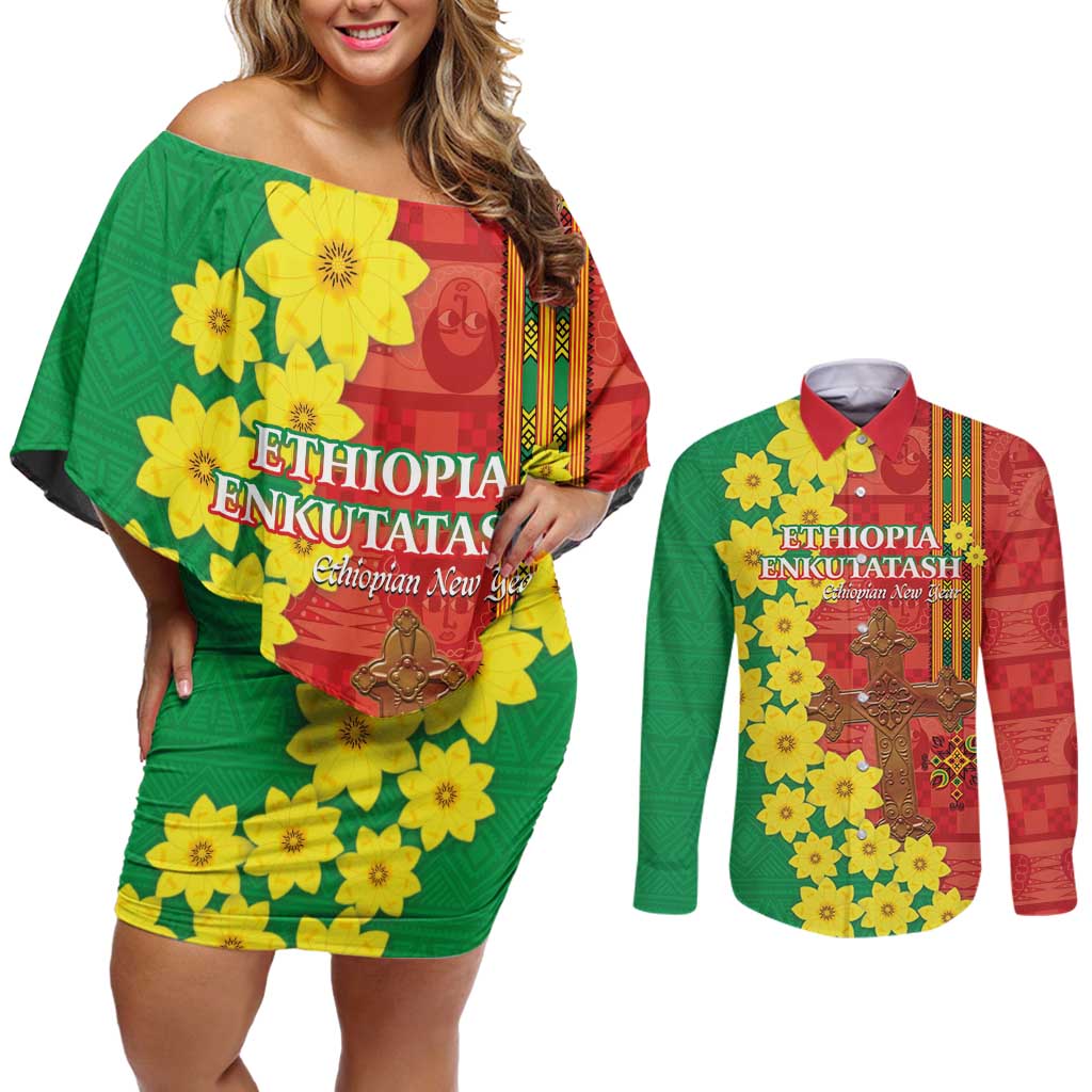 Enkutatash Ethiopia Couples Matching Off Shoulder Short Dress and Long Sleeve Button Shirt Melkam Addis Amet Adey Abeba Flower - Wonder Print Shop