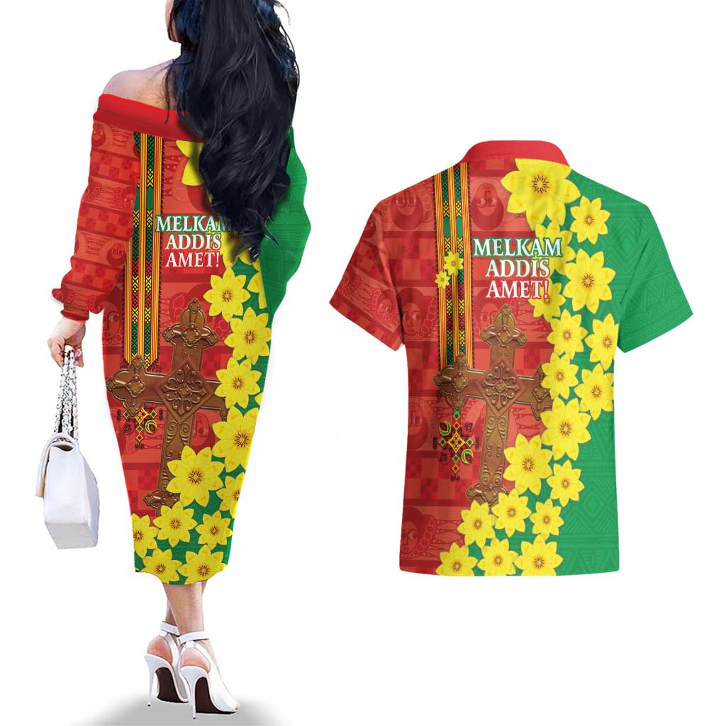 Enkutatash Ethiopia Couples Matching Off The Shoulder Long Sleeve Dress and Hawaiian Shirt Melkam Addis Amet Adey Abeba Flower - Wonder Print Shop