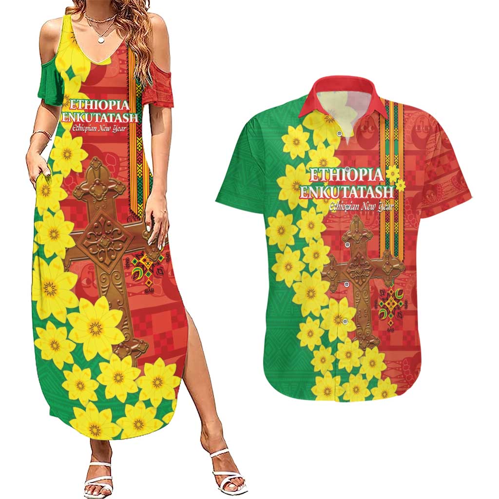 Enkutatash Ethiopia Couples Matching Summer Maxi Dress and Hawaiian Shirt Melkam Addis Amet Adey Abeba Flower - Wonder Print Shop