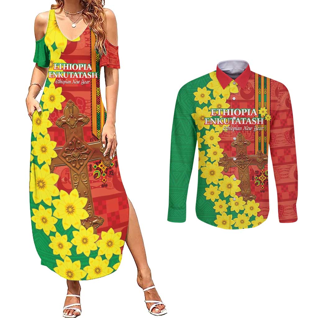 Enkutatash Ethiopia Couples Matching Summer Maxi Dress and Long Sleeve Button Shirt Melkam Addis Amet Adey Abeba Flower - Wonder Print Shop