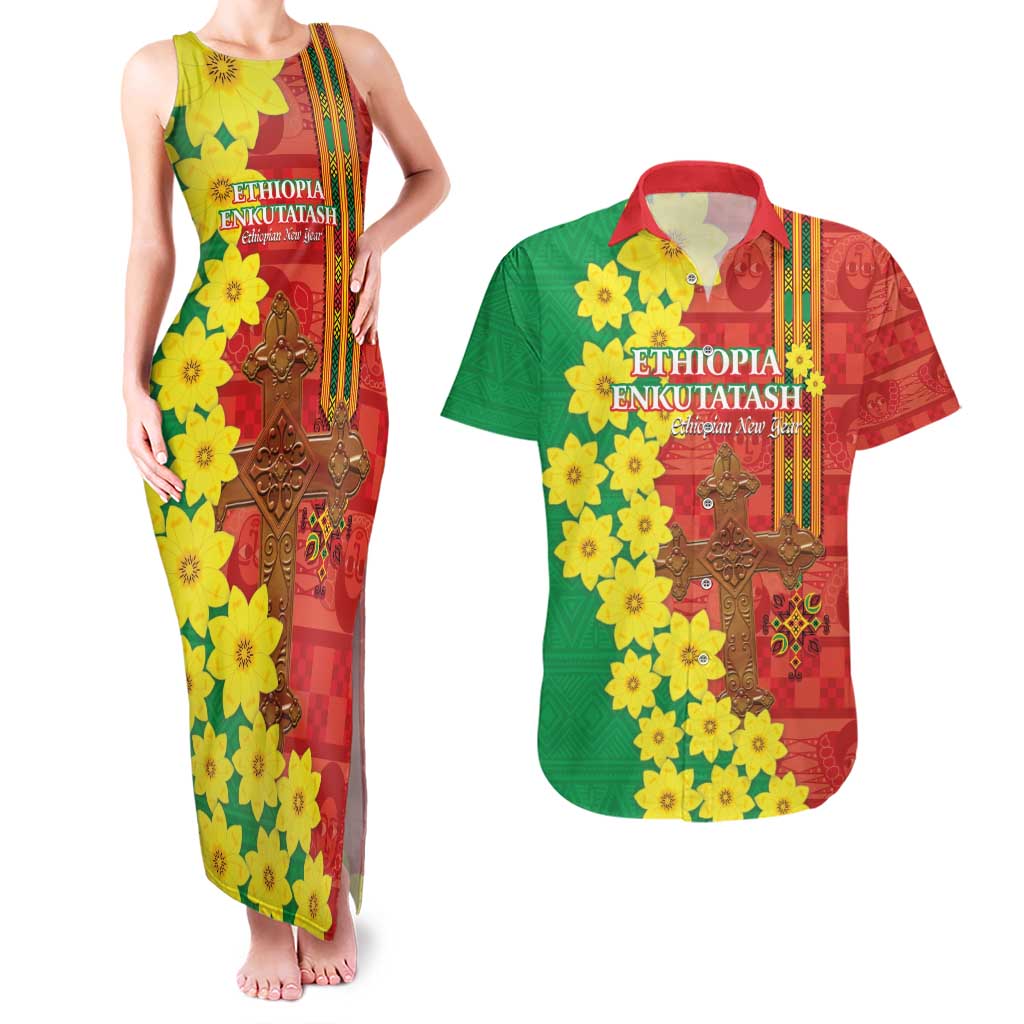 Enkutatash Ethiopia Couples Matching Tank Maxi Dress and Hawaiian Shirt Melkam Addis Amet Adey Abeba Flower - Wonder Print Shop