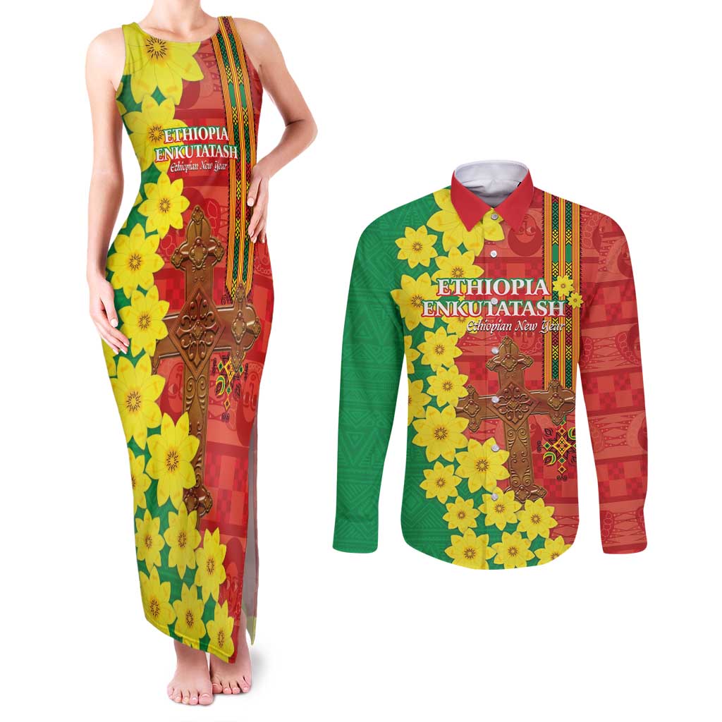 Enkutatash Ethiopia Couples Matching Tank Maxi Dress and Long Sleeve Button Shirt Melkam Addis Amet Adey Abeba Flower - Wonder Print Shop