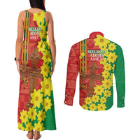 Enkutatash Ethiopia Couples Matching Tank Maxi Dress and Long Sleeve Button Shirt Melkam Addis Amet Adey Abeba Flower - Wonder Print Shop
