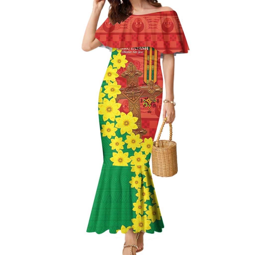 Enkutatash Ethiopia Family Matching Mermaid Dress and Hawaiian Shirt Melkam Addis Amet Adey Abeba Flower - Wonder Print Shop