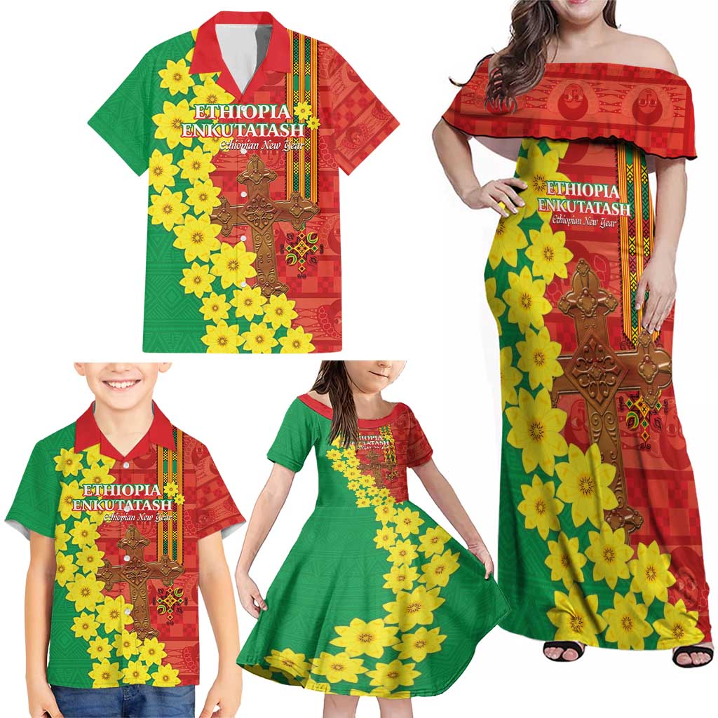 Enkutatash Ethiopia Family Matching Off Shoulder Maxi Dress and Hawaiian Shirt Melkam Addis Amet Adey Abeba Flower - Wonder Print Shop
