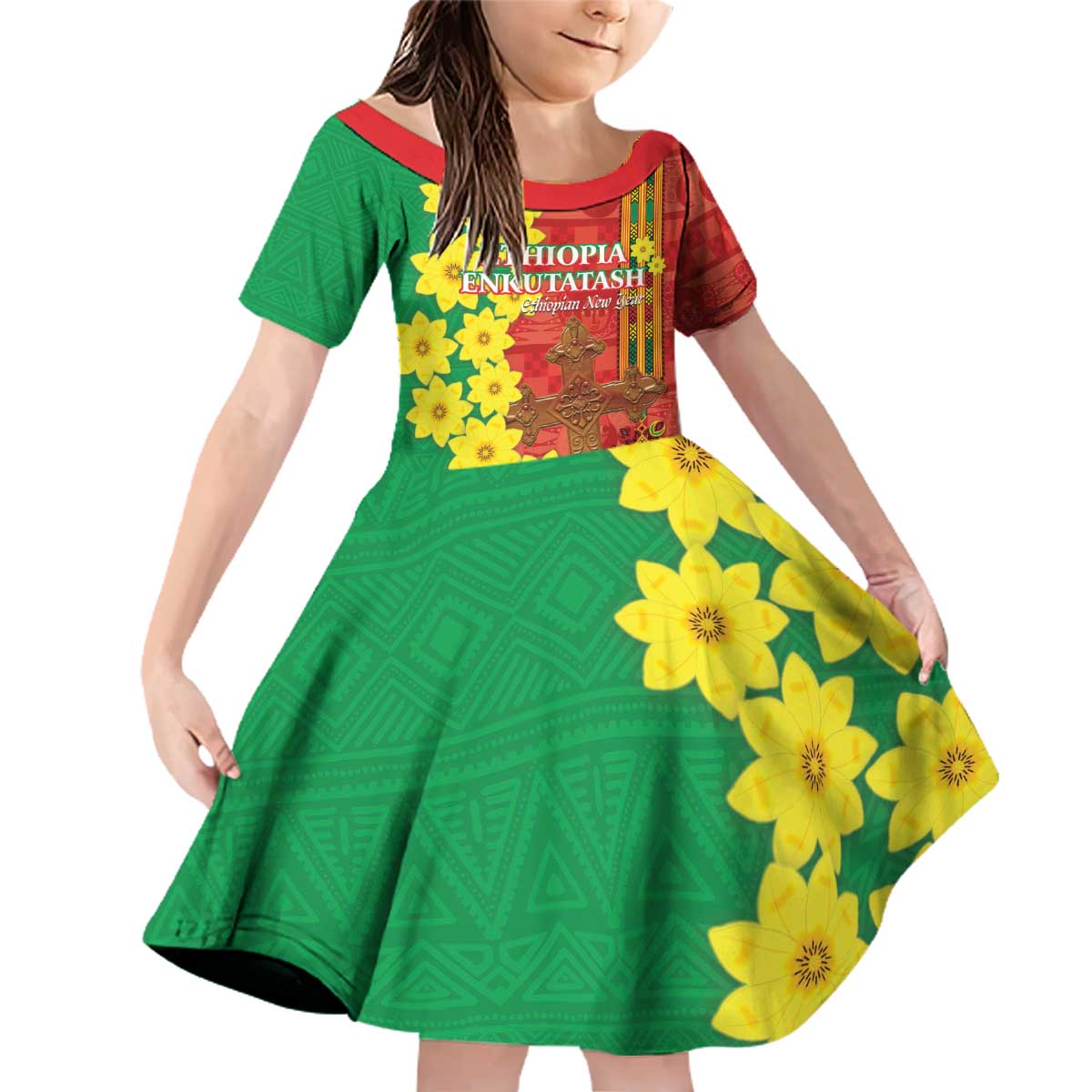 Enkutatash Ethiopia Family Matching Off Shoulder Short Dress and Hawaiian Shirt Melkam Addis Amet Adey Abeba Flower - Wonder Print Shop