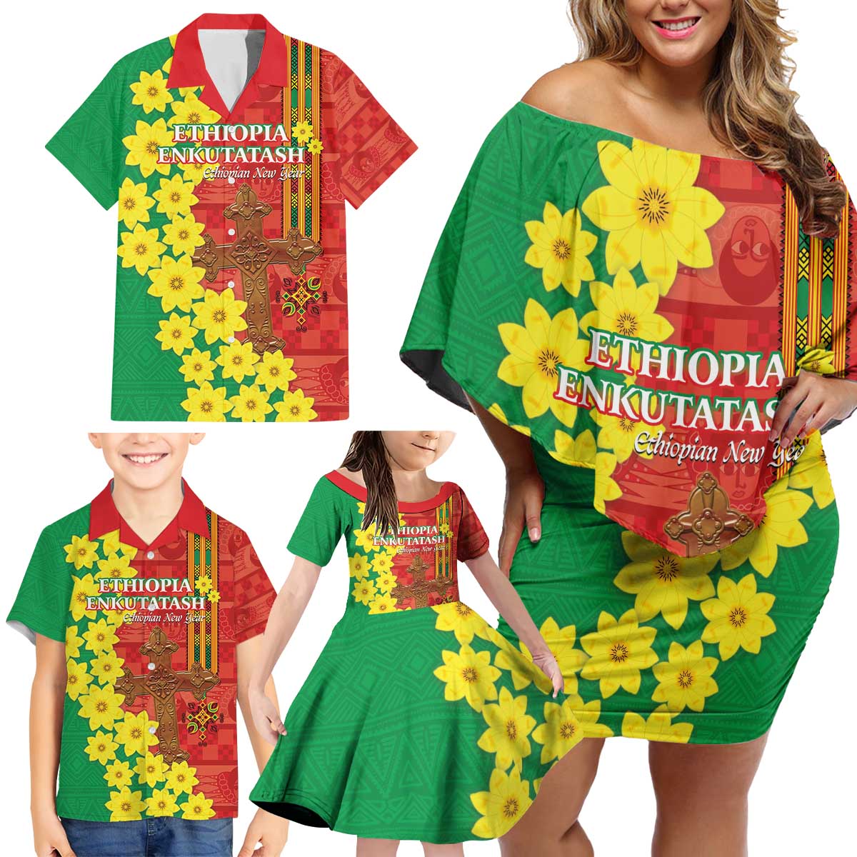 Enkutatash Ethiopia Family Matching Off Shoulder Short Dress and Hawaiian Shirt Melkam Addis Amet Adey Abeba Flower - Wonder Print Shop