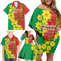 Enkutatash Ethiopia Family Matching Off Shoulder Short Dress and Hawaiian Shirt Melkam Addis Amet Adey Abeba Flower - Wonder Print Shop