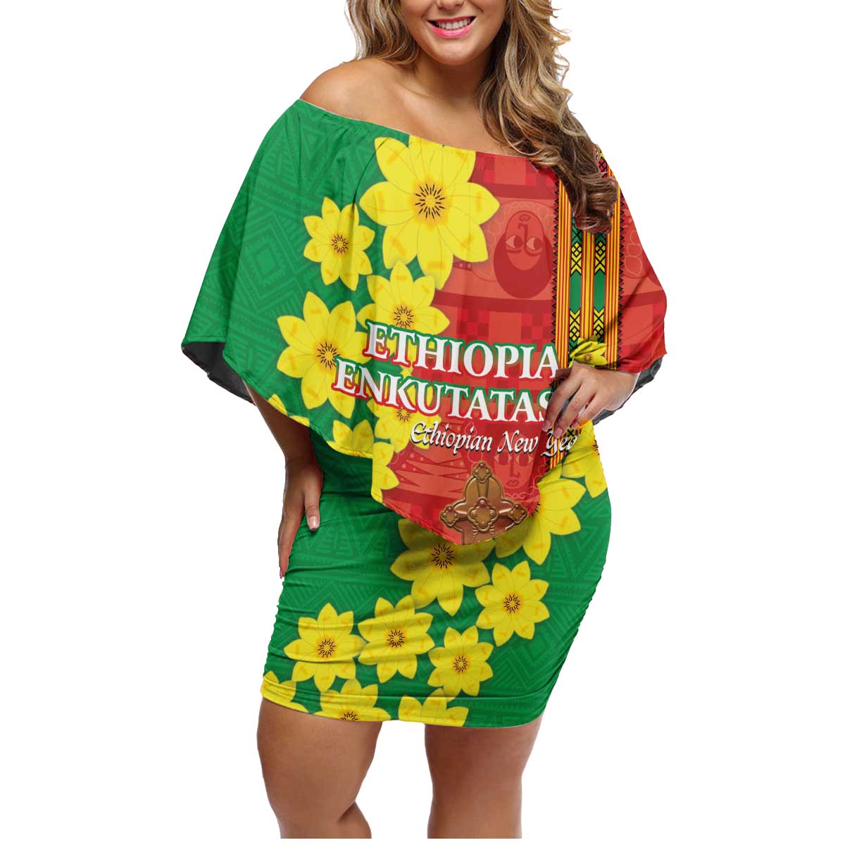 Enkutatash Ethiopia Family Matching Off Shoulder Short Dress and Hawaiian Shirt Melkam Addis Amet Adey Abeba Flower - Wonder Print Shop