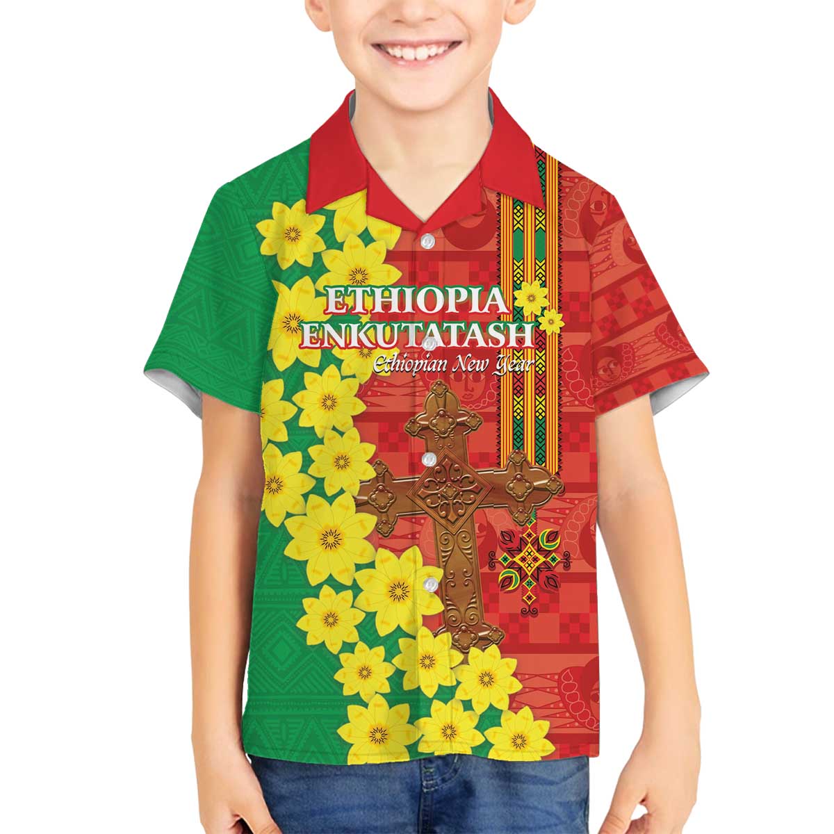 Enkutatash Ethiopia Family Matching Puletasi and Hawaiian Shirt Melkam Addis Amet Adey Abeba Flower - Wonder Print Shop