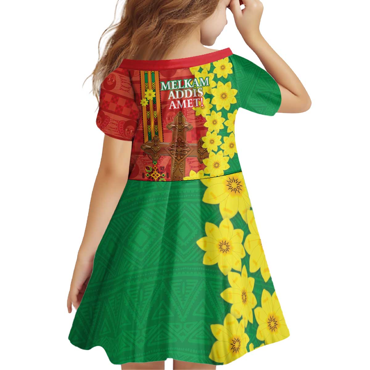 Enkutatash Ethiopia Kid Short Sleeve Dress Melkam Addis Amet Adey Abeba Flower - Wonder Print Shop