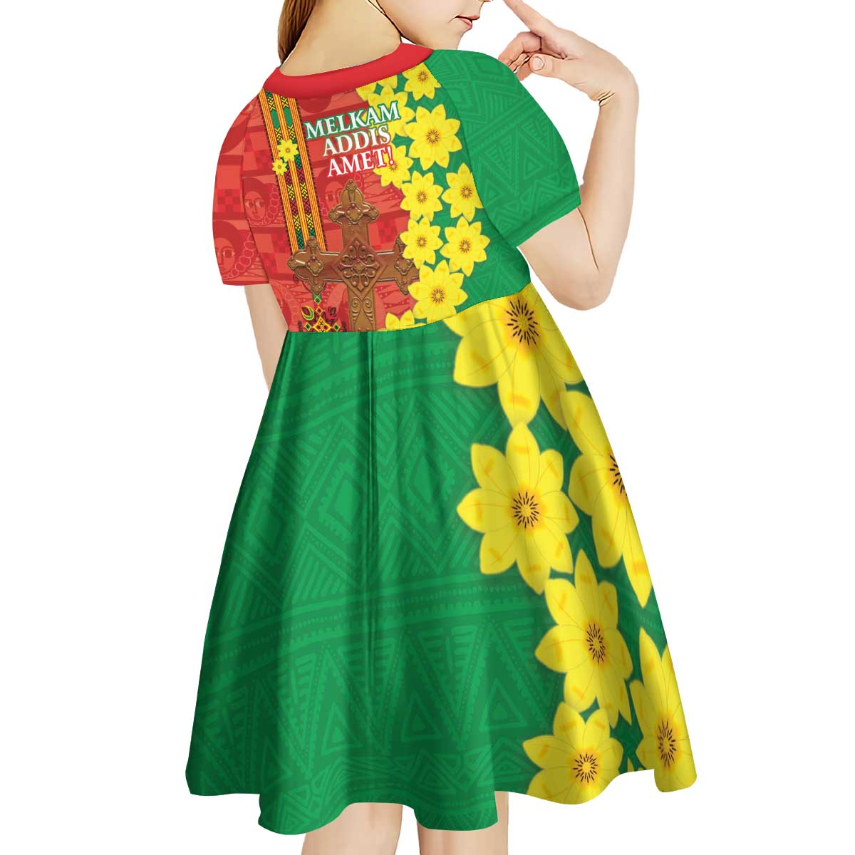 Enkutatash Ethiopia Kid Short Sleeve Dress Melkam Addis Amet Adey Abeba Flower - Wonder Print Shop