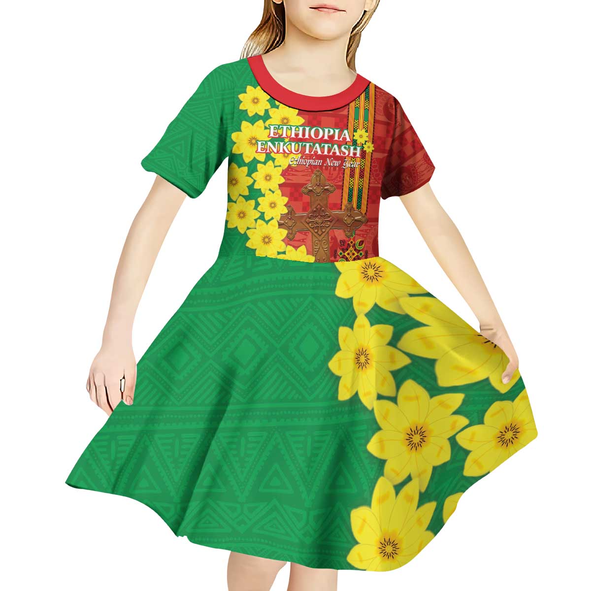 Enkutatash Ethiopia Kid Short Sleeve Dress Melkam Addis Amet Adey Abeba Flower - Wonder Print Shop