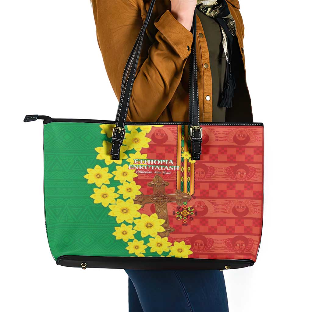 Enkutatash Ethiopia Leather Tote Bag Melkam Addis Amet Adey Abeba Flower - Wonder Print Shop