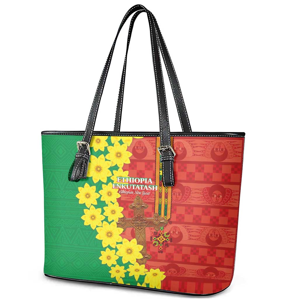Enkutatash Ethiopia Leather Tote Bag Melkam Addis Amet Adey Abeba Flower - Wonder Print Shop