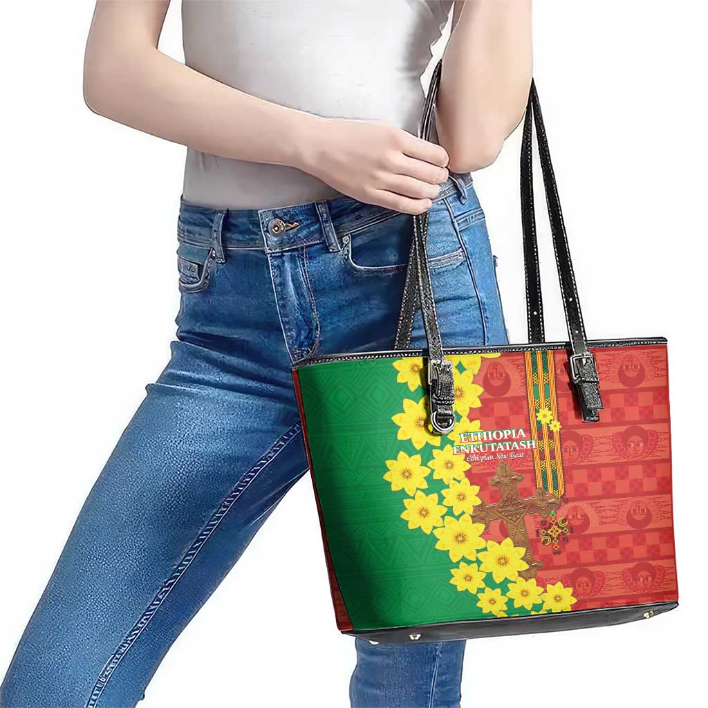 Enkutatash Ethiopia Leather Tote Bag Melkam Addis Amet Adey Abeba Flower - Wonder Print Shop