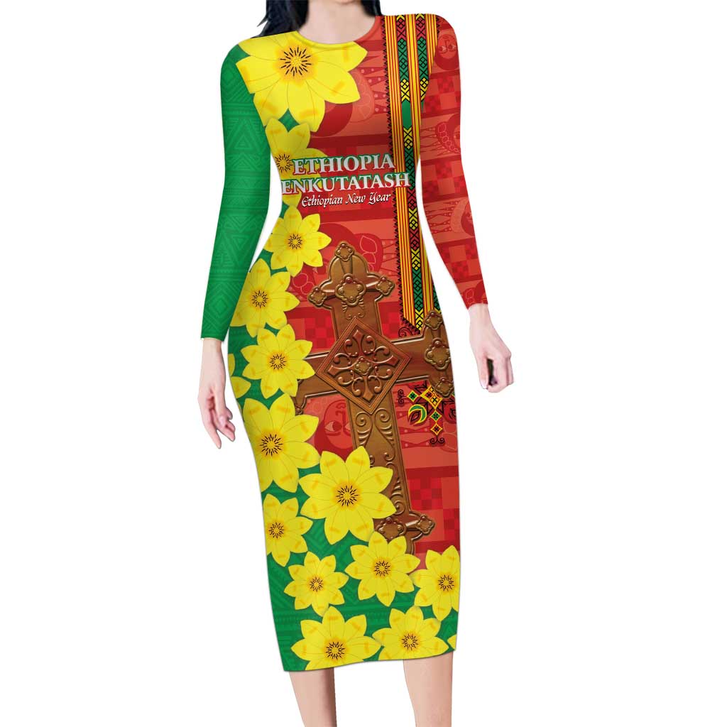 Enkutatash Ethiopia Long Sleeve Bodycon Dress Melkam Addis Amet Adey Abeba Flower - Wonder Print Shop
