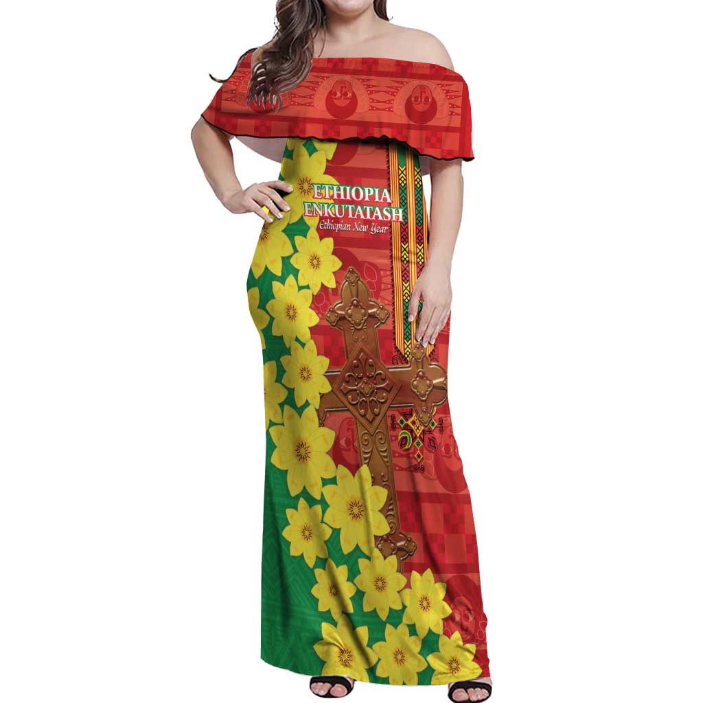 Enkutatash Ethiopia Off Shoulder Maxi Dress Melkam Addis Amet Adey Abeba Flower - Wonder Print Shop