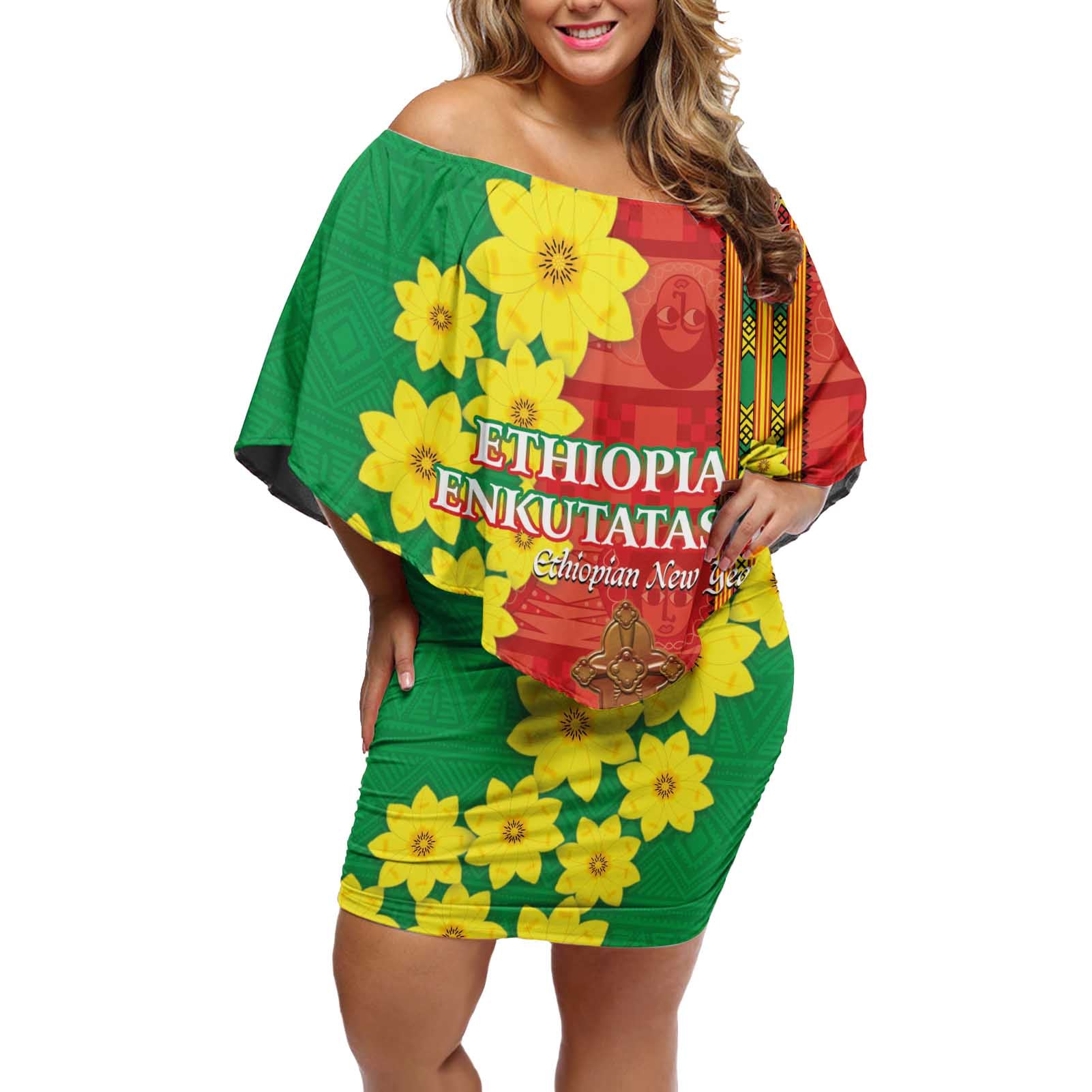Enkutatash Ethiopia Off Shoulder Short Dress Melkam Addis Amet Adey Abeba Flower - Wonder Print Shop