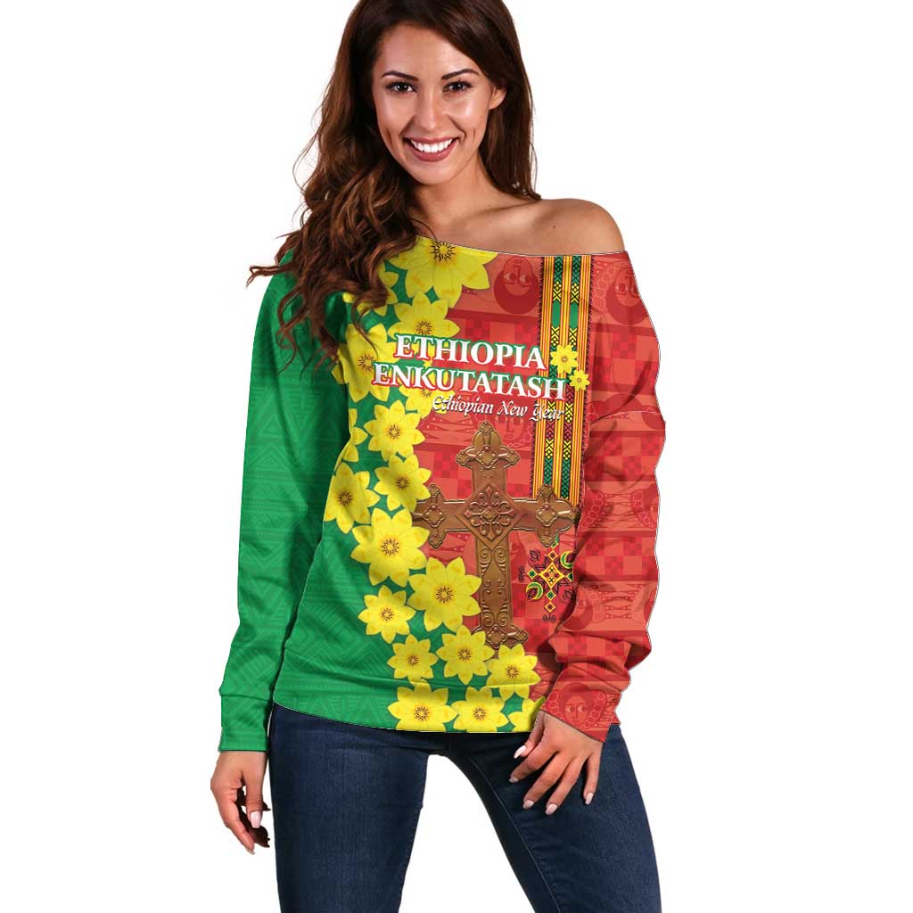 Enkutatash Ethiopia Off Shoulder Sweater Melkam Addis Amet Adey Abeba Flower - Wonder Print Shop